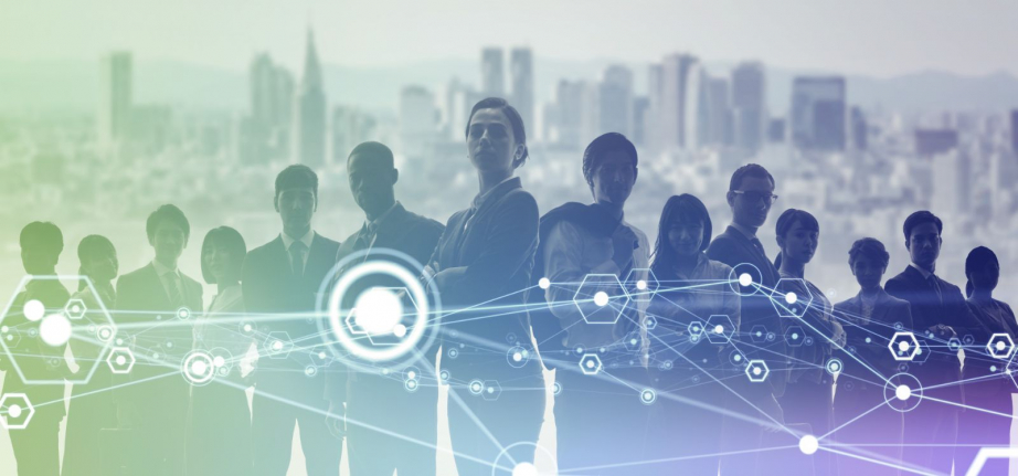 Network grid in front of group of people